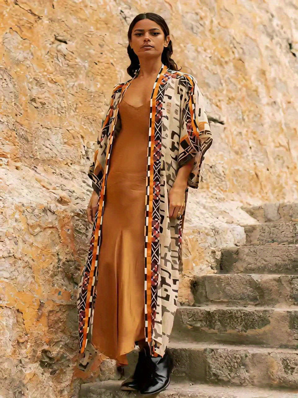 Lang kimono til kvinder i boheme-chic stil til strand og afslapning