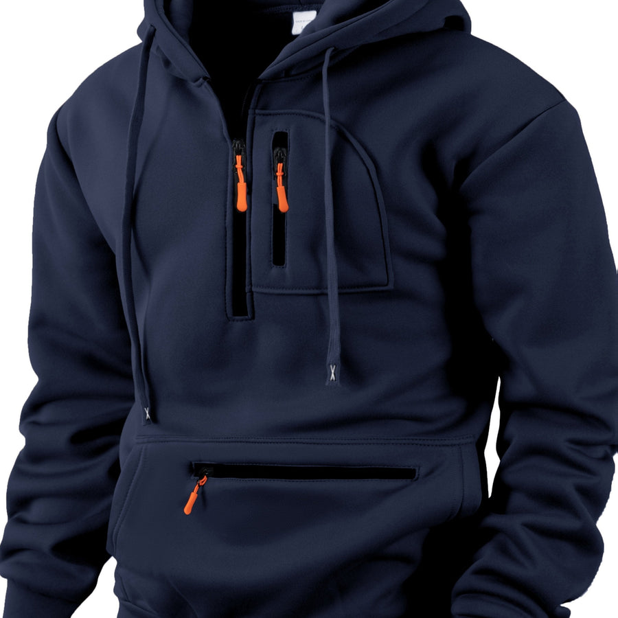 Sweat à Capuche Homme Mi-Zip avec Poches Zippées Devant Kaki
