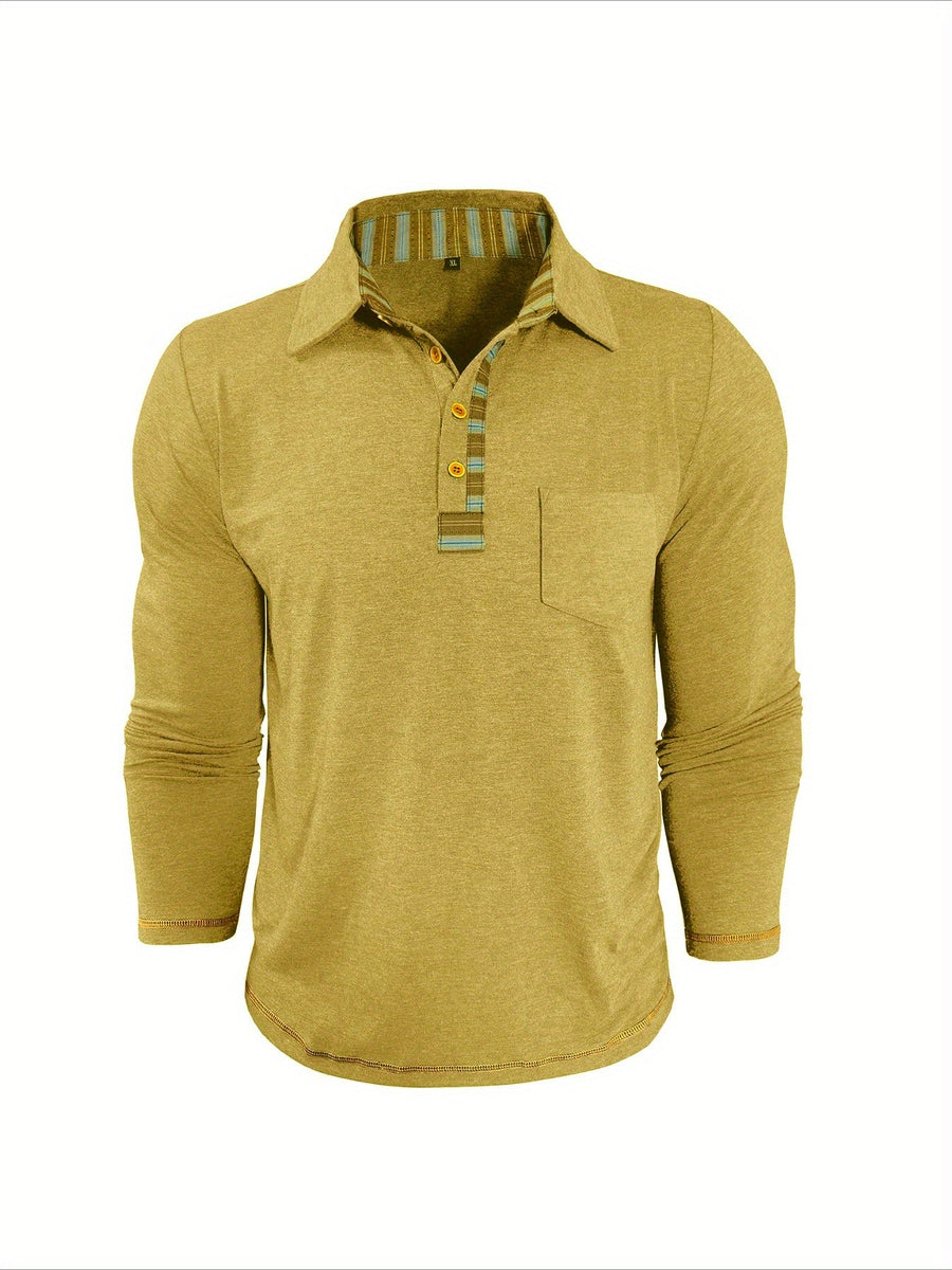 Polo für Herren mit langen Ärmeln, ethnischen Details und Knöpfen, Beige