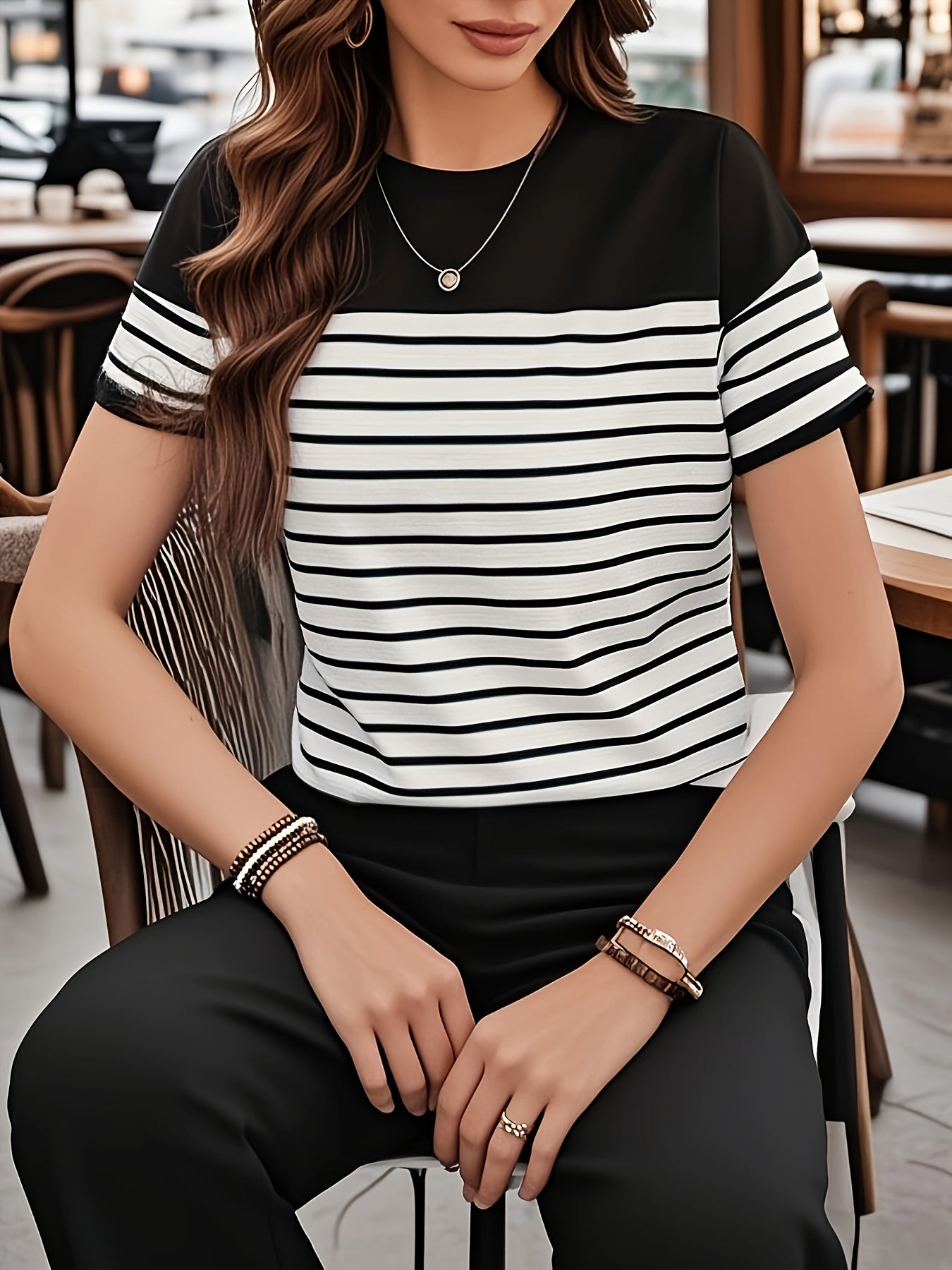 T-shirt damski w stylu marynarskim z krótkim rękawem, elegancki, na co dzień, casualowy