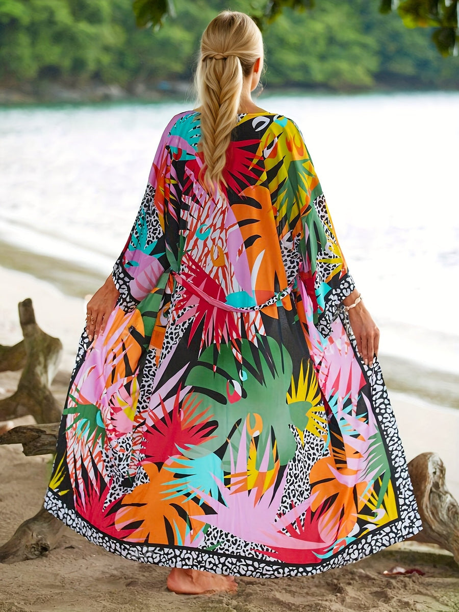 Kimono largo de playa para mujer estilo tropical gráfico y animal print - Ideal para vacaciones y la costa