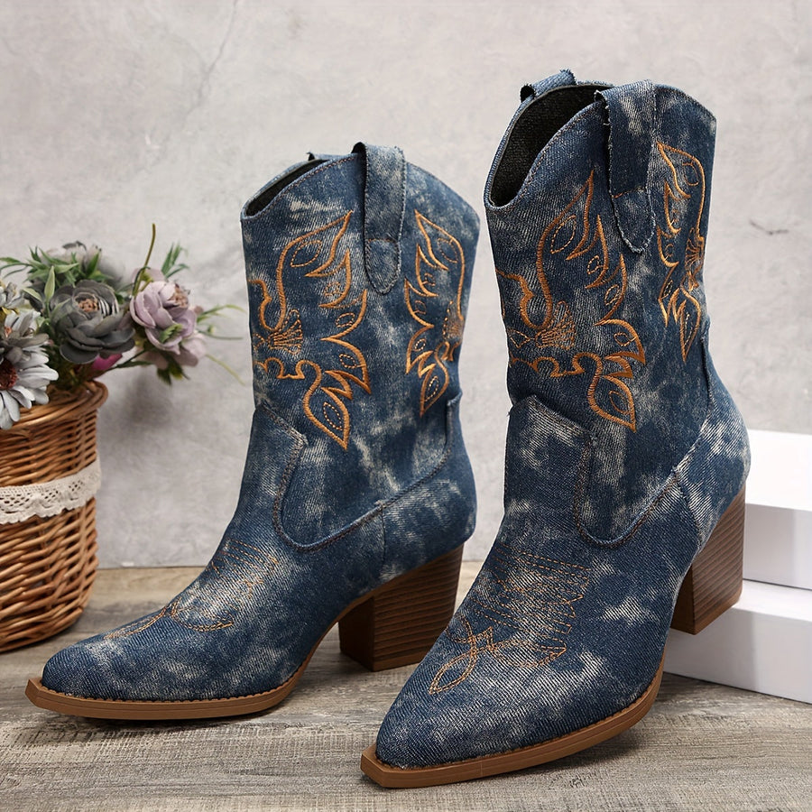 Graue Damen-Westernstiefel im Denim-Stil mit spitzer Zehenpartie, Blockabsatz und Stickereien