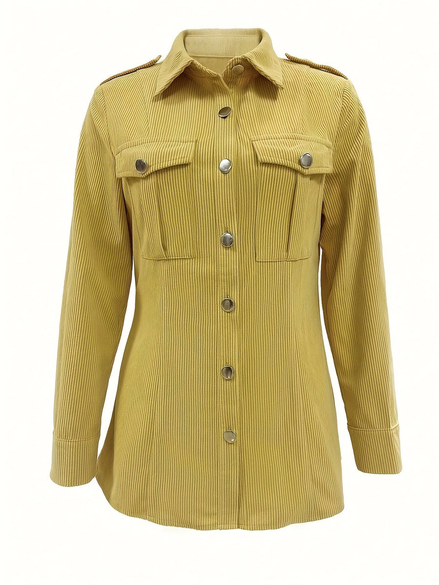 Surchemise Femme Côtelée Jaune Manches Longues Boutons Pression
