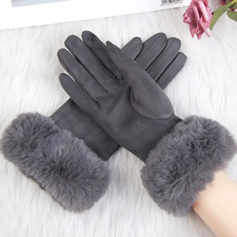 Gants Femme Hiver Aspect Suédé avec Bordure Fausse Fourrure Rose Poudré
