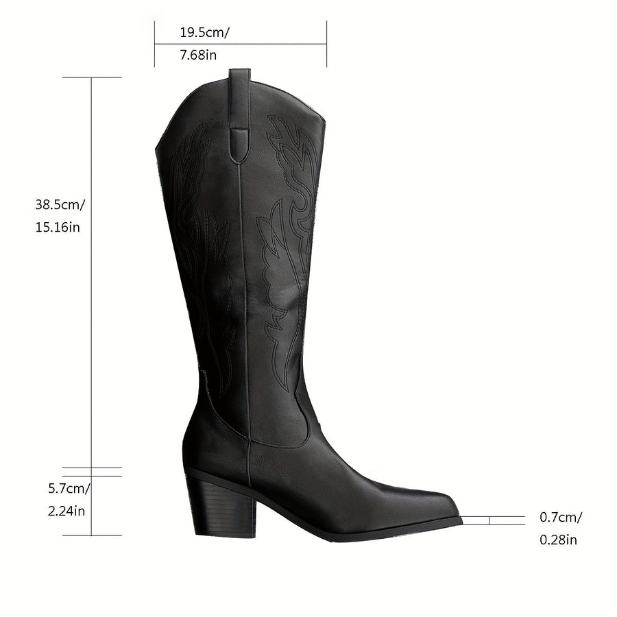 Zwarte dameslaarzen in westernstijl met decoratieve borduursels en blokhak