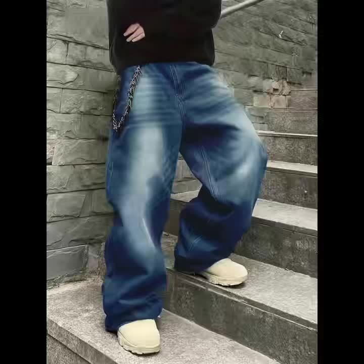 Jean large délavé coupe baggy bleu foncé style urbain unisexe