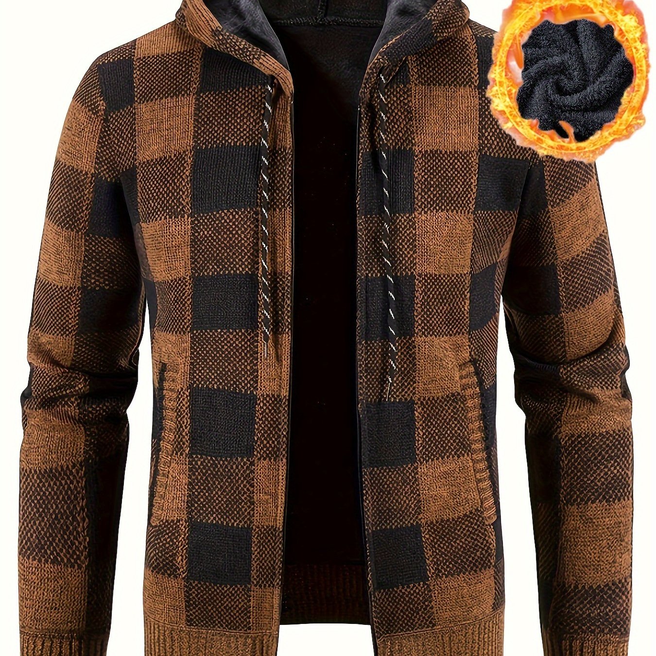 Cardigan Homme à Capuche Carreaux Marron Noir Fermeture Éclair Doublure Chaude