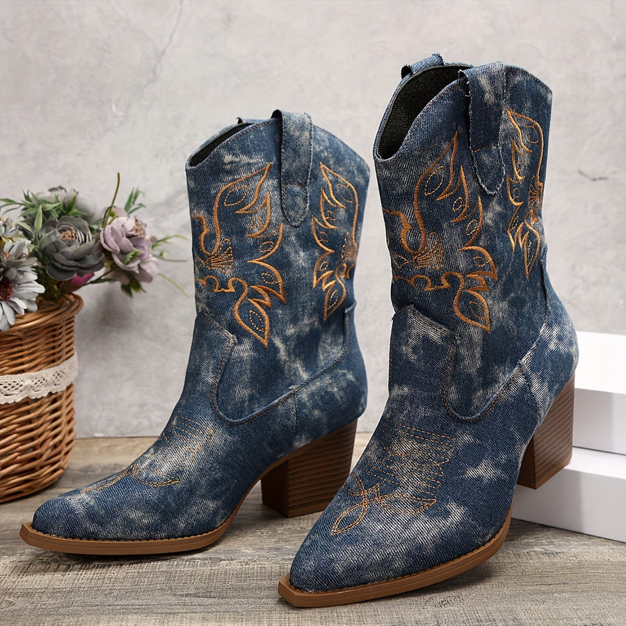Graue Damen-Westernstiefel im Denim-Stil mit spitzer Zehenpartie, Blockabsatz und Stickereien