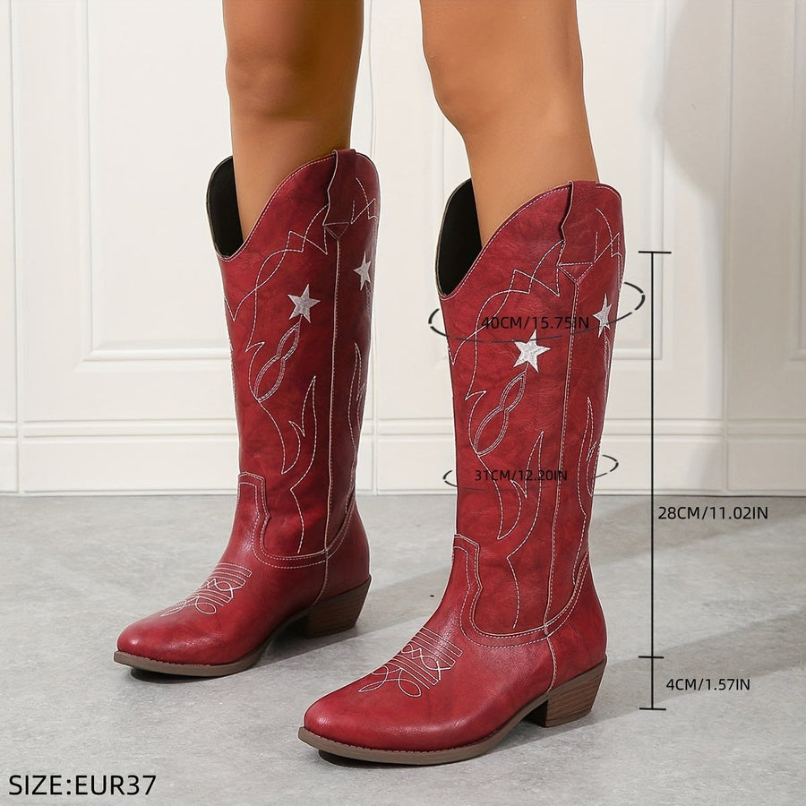 Bottes Western Rouge Femme style Cowboy avec étoiles brodées