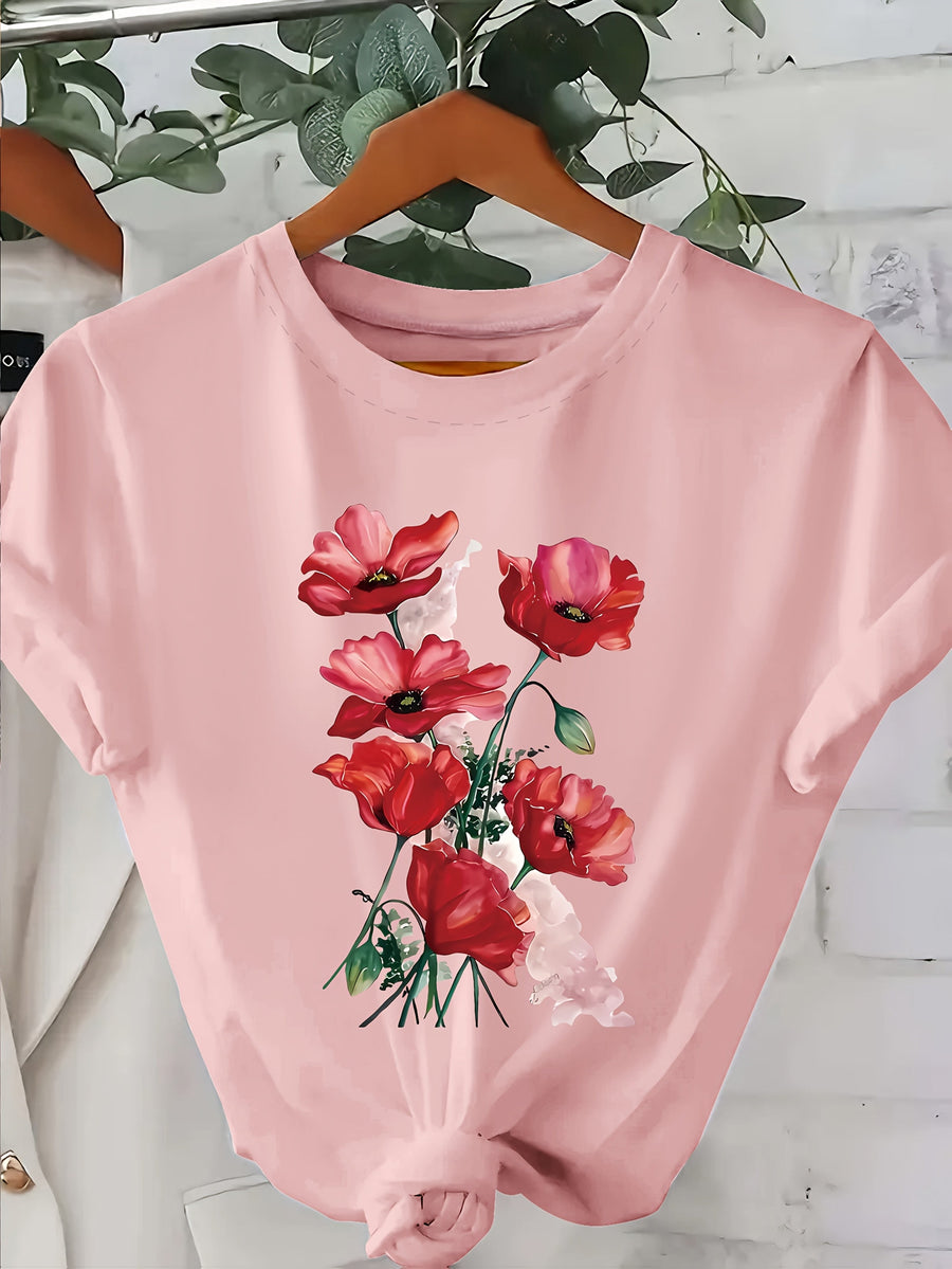 T-shirt donna stile casual con stampa floreale artistica per primavera ed estate