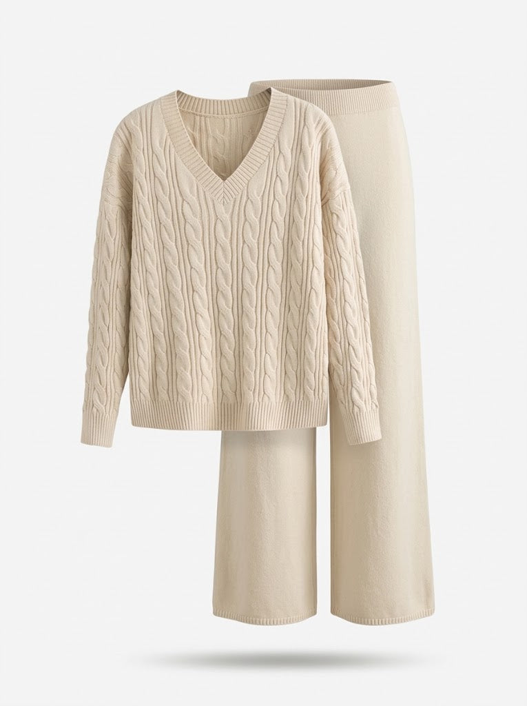 Set aus Zopfpullover mit V-Ausschnitt und weiter Strickhose für Damen