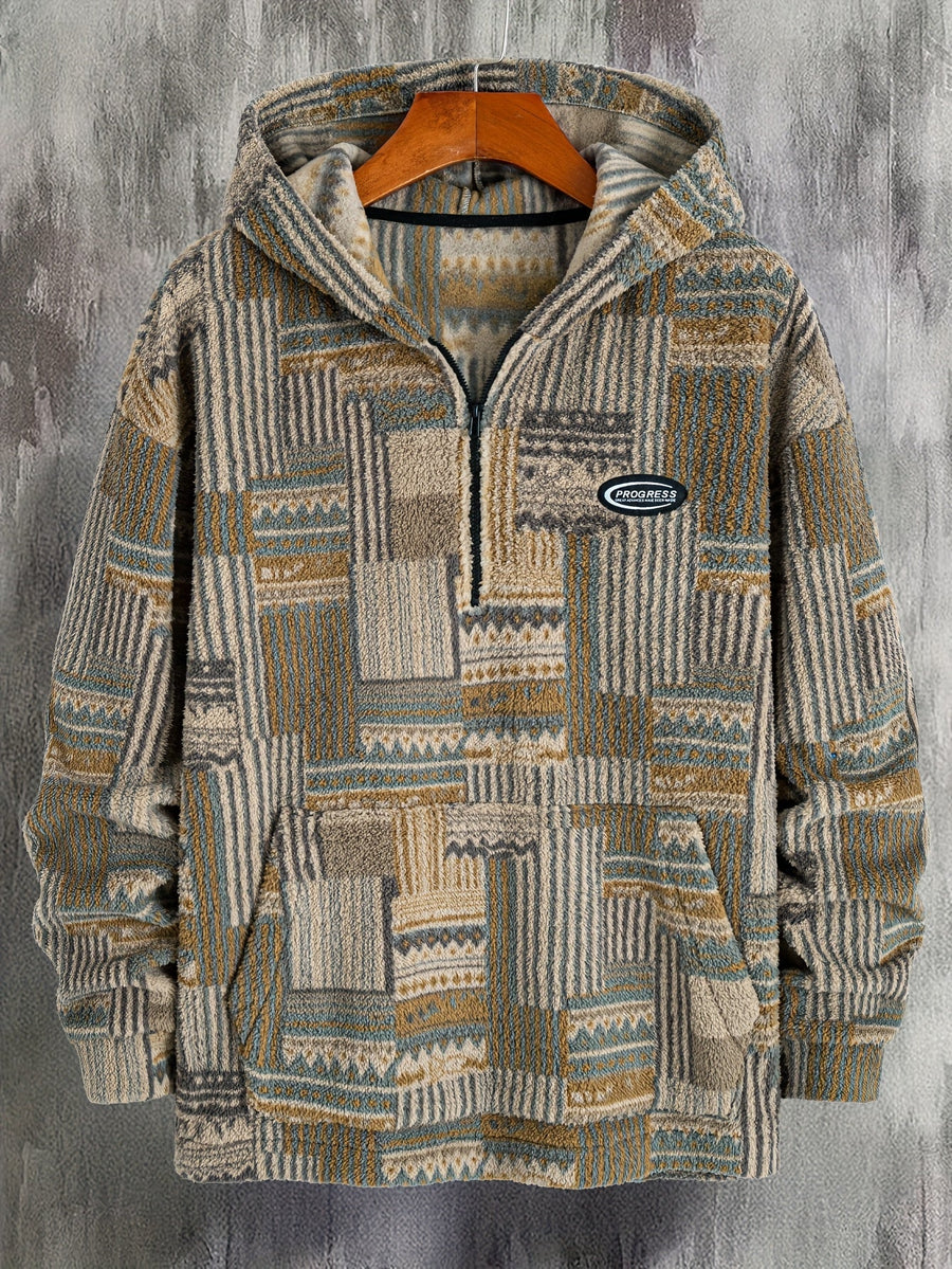 Sweat à Capuche Homme Motif Patchwork Imprimé Ethnique Demi-Zip Polaire Hiver