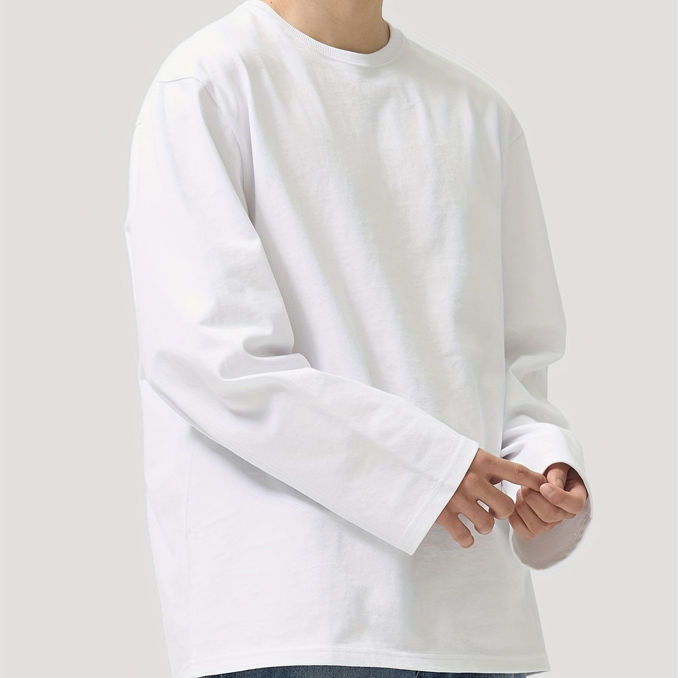 T-shirt Homme Manches Longues Uni Col Rond Ample Noir ou Blanc