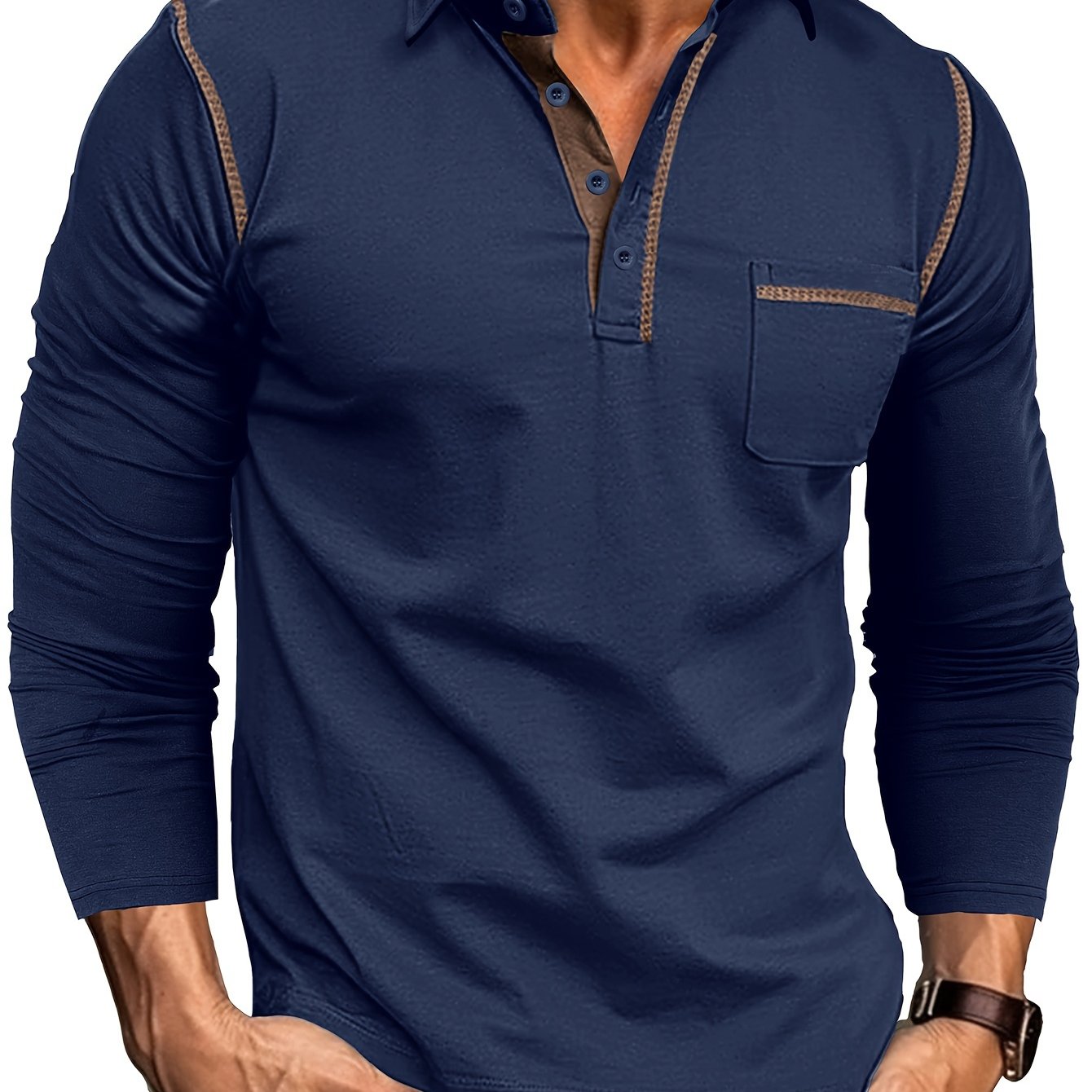Polo Homme Manches Longues à Col Relevé avec Patte de Boutons et Poches Poitrine Décoratives