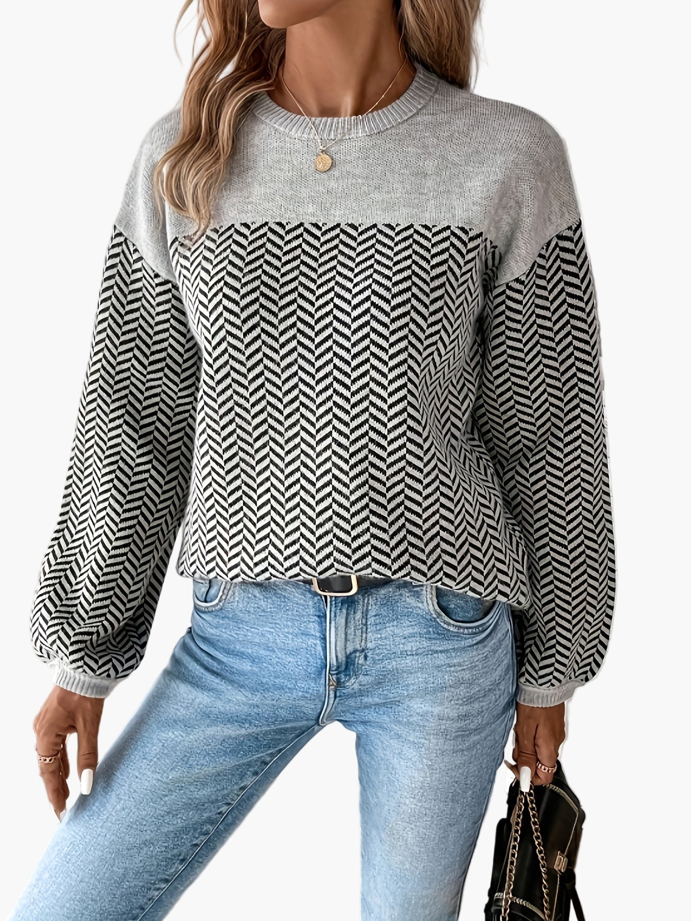 Maglione donna casual con motivo a spina di pesce maniche lunghe taglio regolare per autunno inverno