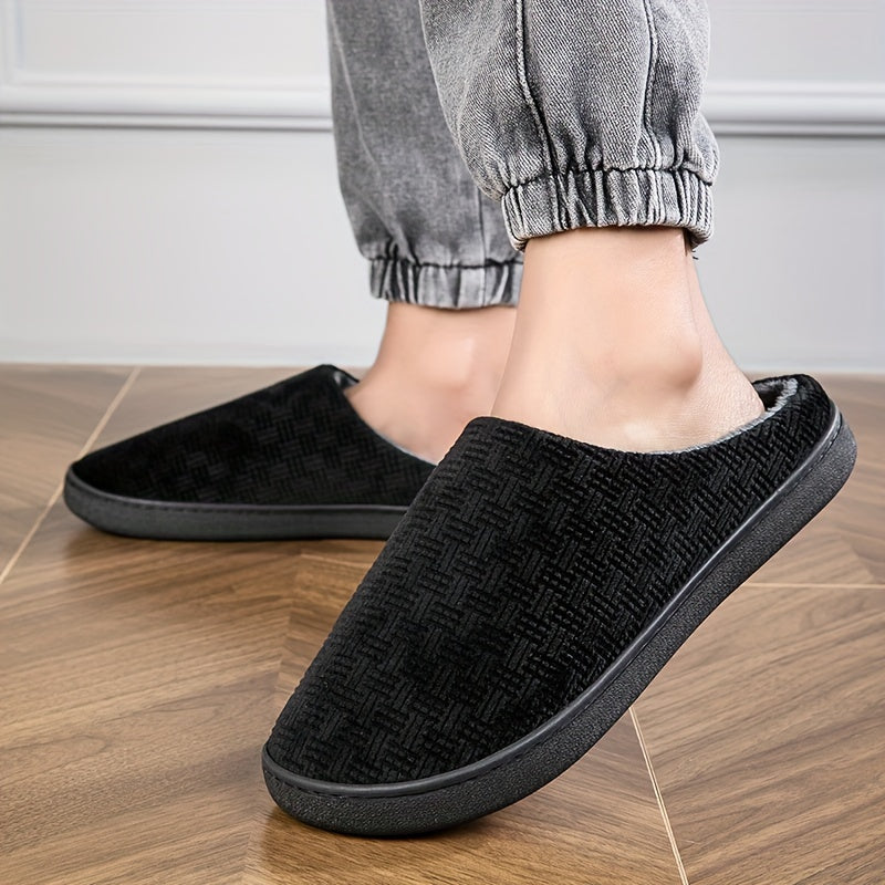 Pantoufles d'intérieur homme noires doublées, motif texturé discret, confortables et chaudes