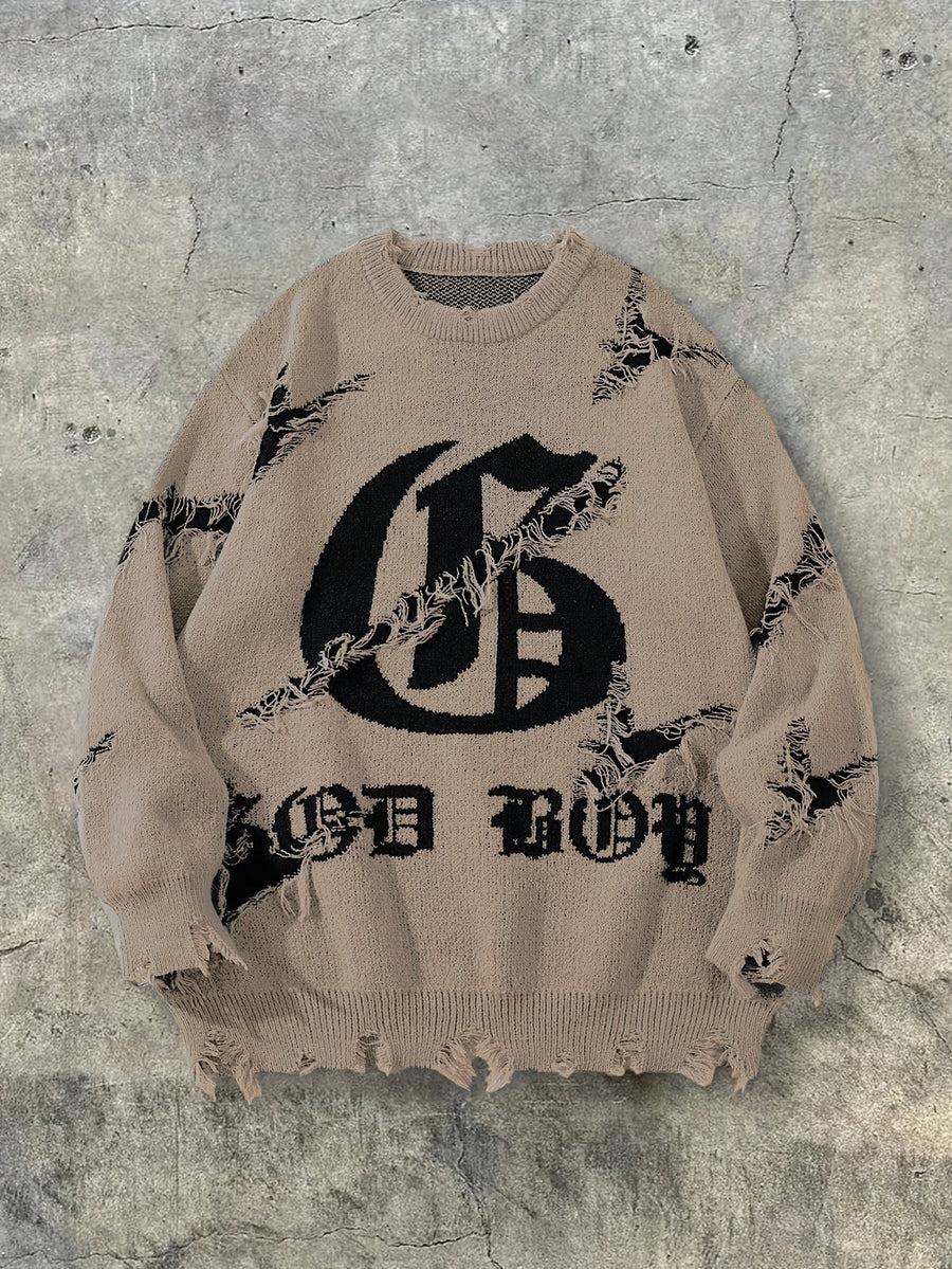 Oversized distressed gray men's sweater with a graphic design