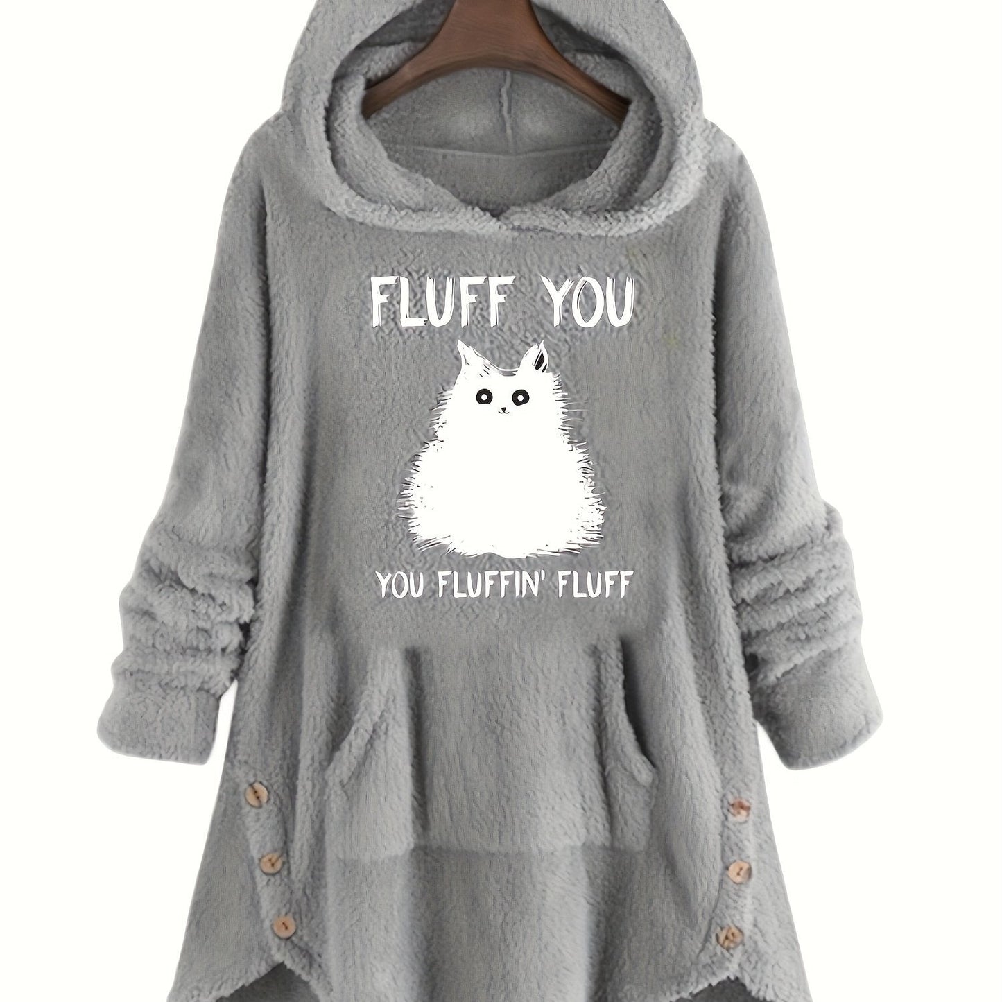 Pull à Capuche Teddy Femme Motif Chat "Fluff You" Rouge Bordeaux avec Oreilles