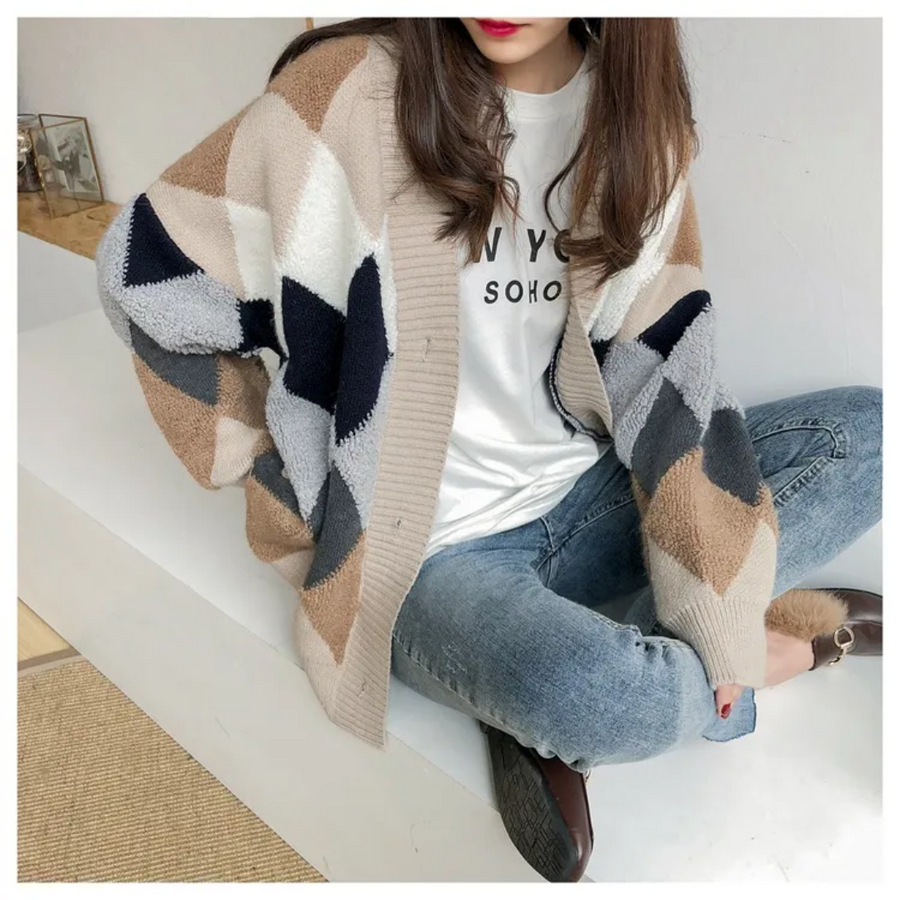 Women's Beige and Brown Textured Knit Diamond Cardigan