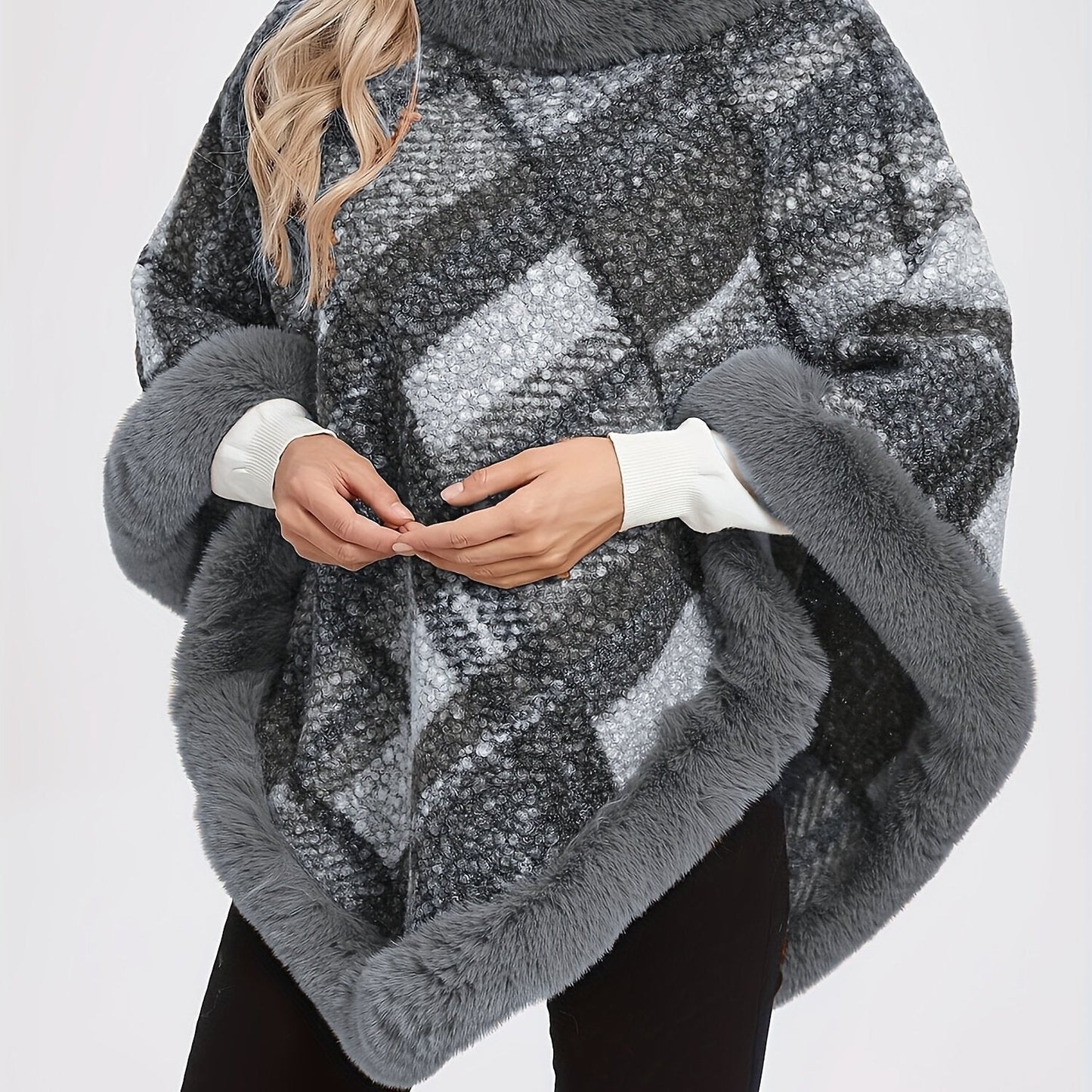 Poncho Femme Chaud Motifs Géométriques et Bordures Imitation Fourrure