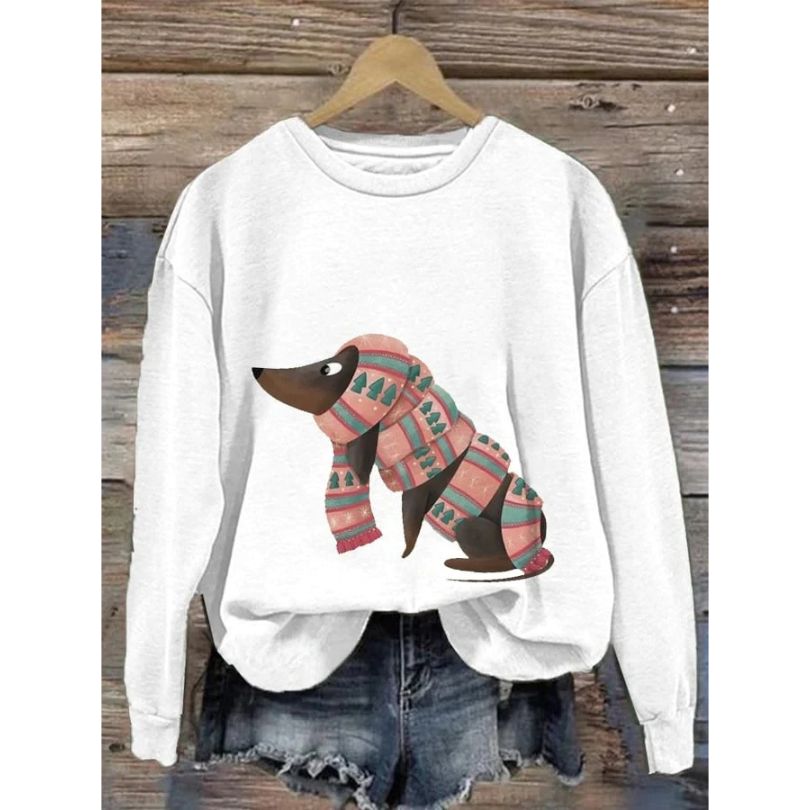 Damen-Sweatshirt mit Rundhalsausschnitt und fantasievollem Hundeaufdruck