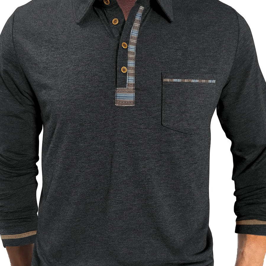 Polo für Herren mit langen Ärmeln, ethnischen Details und Knöpfen, Beige