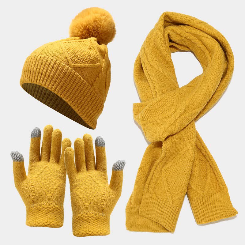 Set met wintermuts, sjaal en touchscreenhandschoenen - ruitmotief, geel