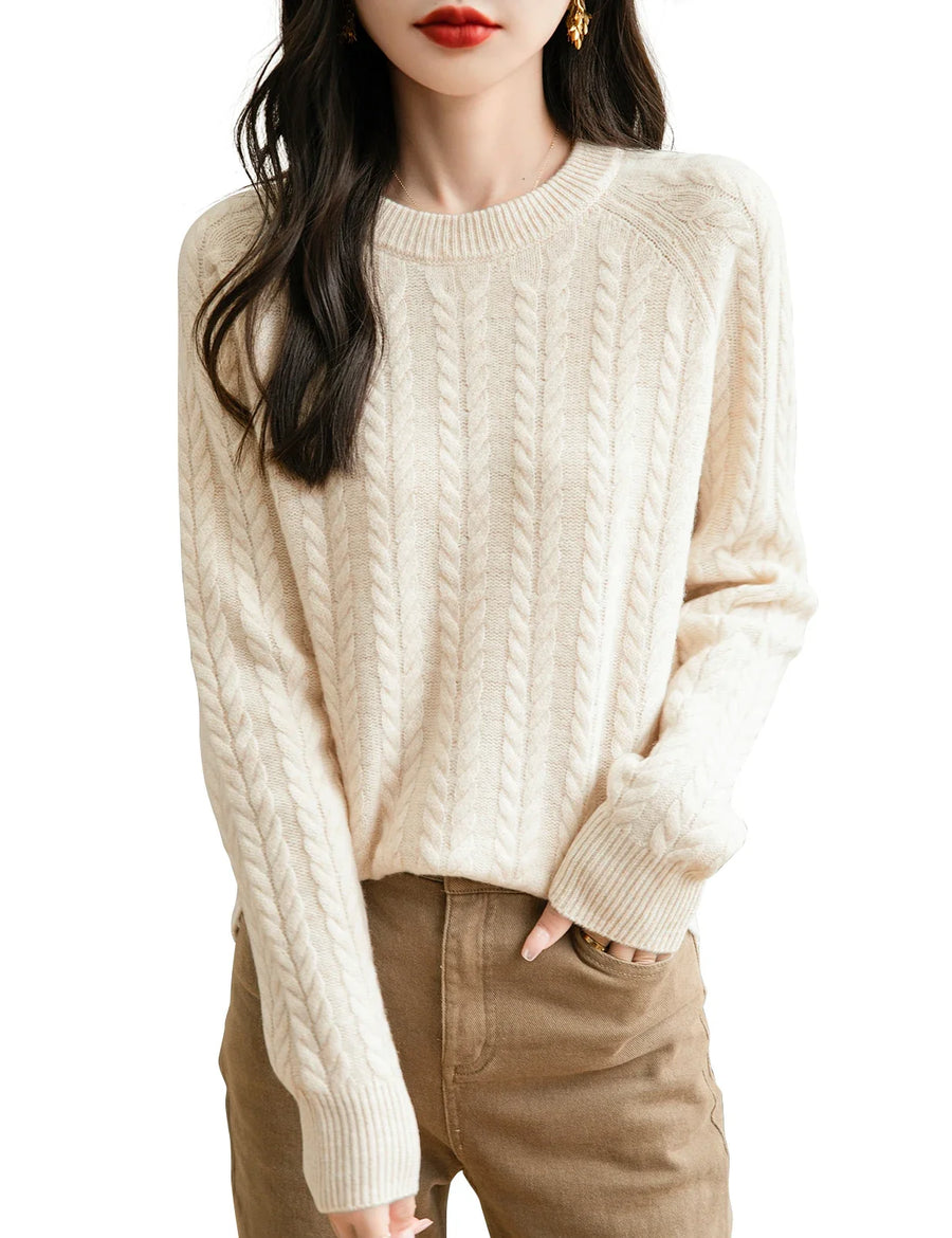 Women's soft cable-knit crew-neck sweater with long sleeves