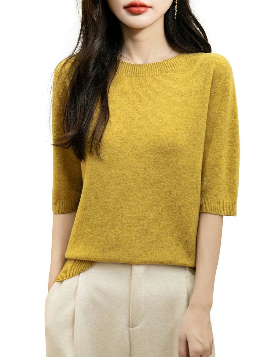 Pull Femme à Manches Courtes Tricot Fin Col Rond Couleur Unie