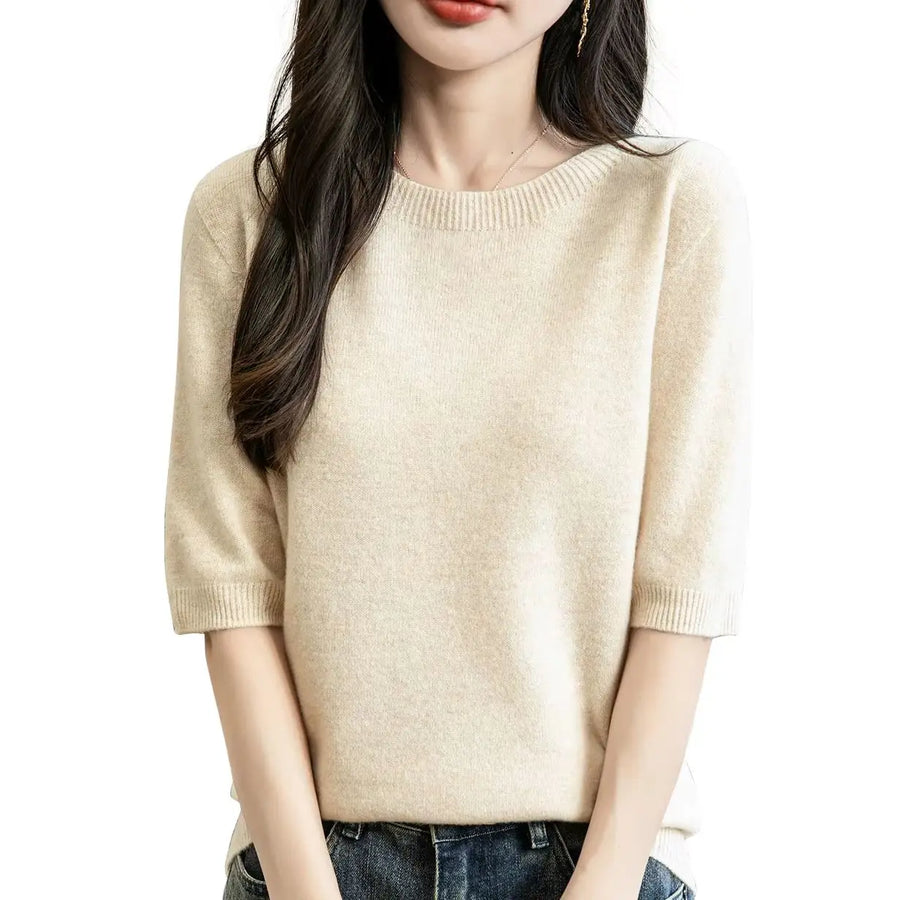 Pull Femme à Manches Courtes Tricot Fin Col Rond Couleur Unie