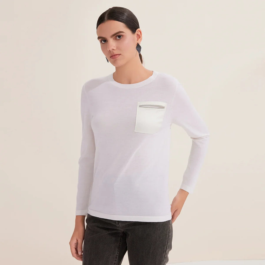 Women's long-sleeve crew-neck top with contrasting chest pocket