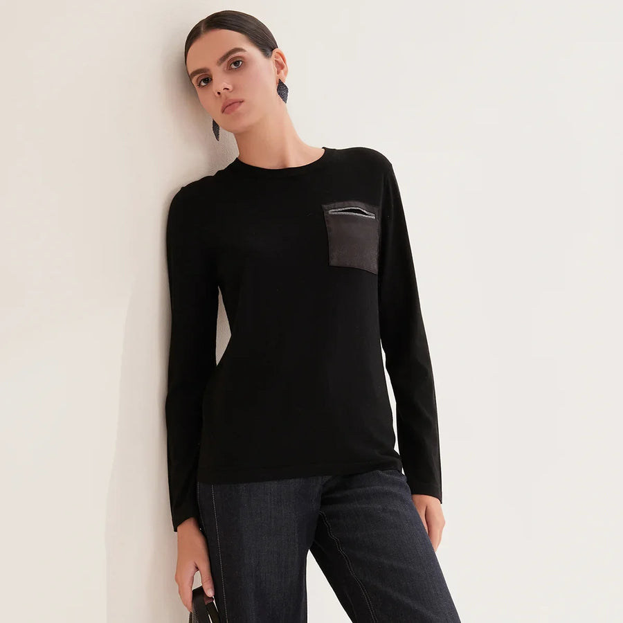 Women's long-sleeve crew-neck top with contrasting chest pocket