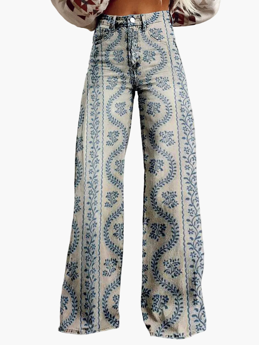 Jeans larghi da donna stile bohémien con stampa floreale, taglio ampio, ideale per un aspetto informale e alla moda