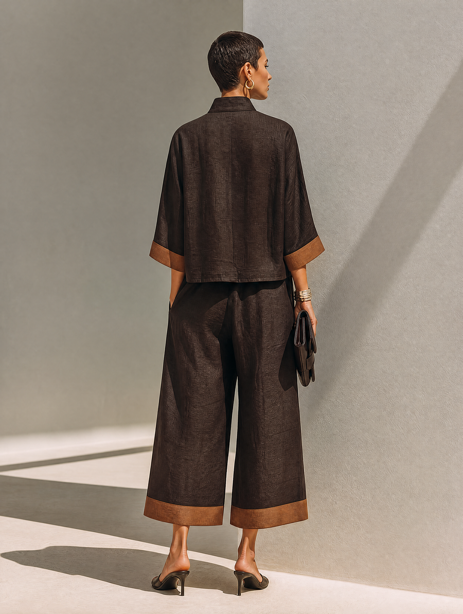 Conjunto de mujer con top corto y pantalón ancho, marrón con detalles camel