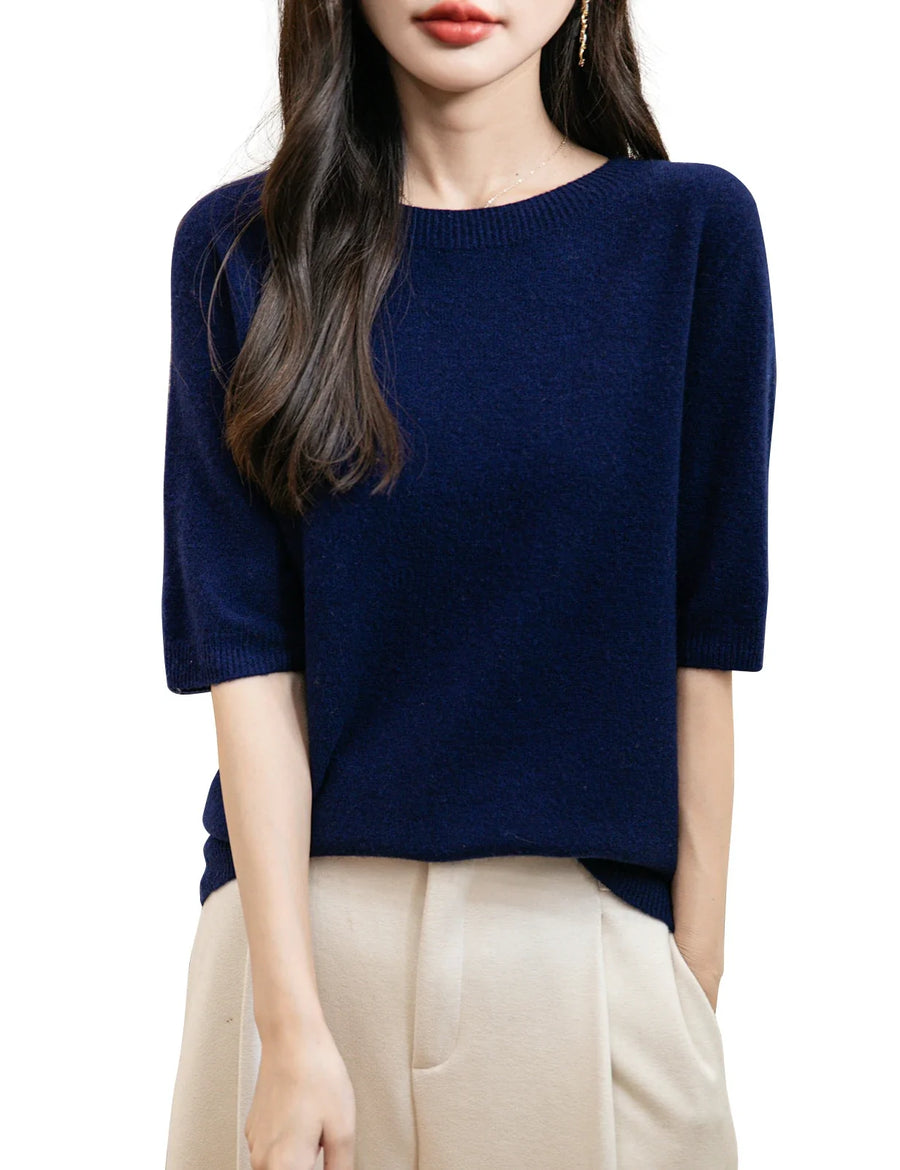 Pull Femme à Manches Courtes Tricot Fin Col Rond Couleur Unie
