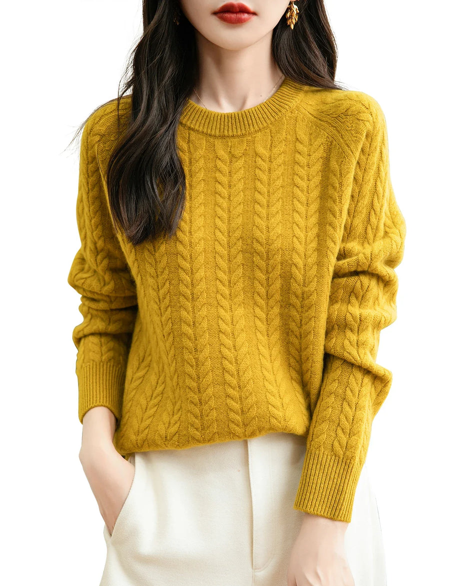 Women's soft cable-knit crew-neck sweater with long sleeves