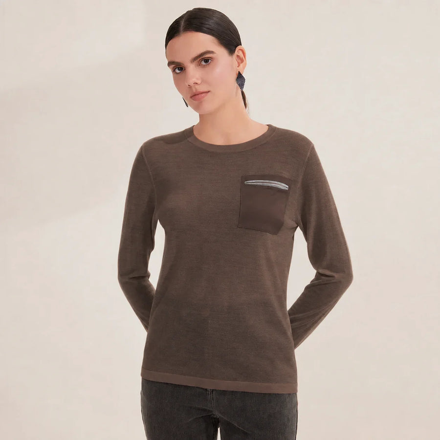 Women's long-sleeve crew-neck top with contrasting chest pocket