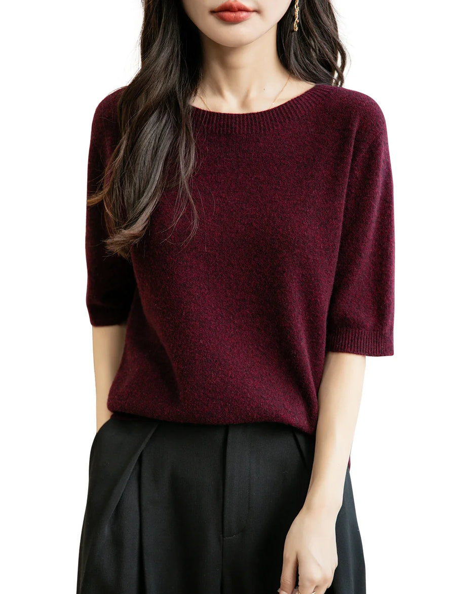 Pull Femme à Manches Courtes Tricot Fin Col Rond Couleur Unie