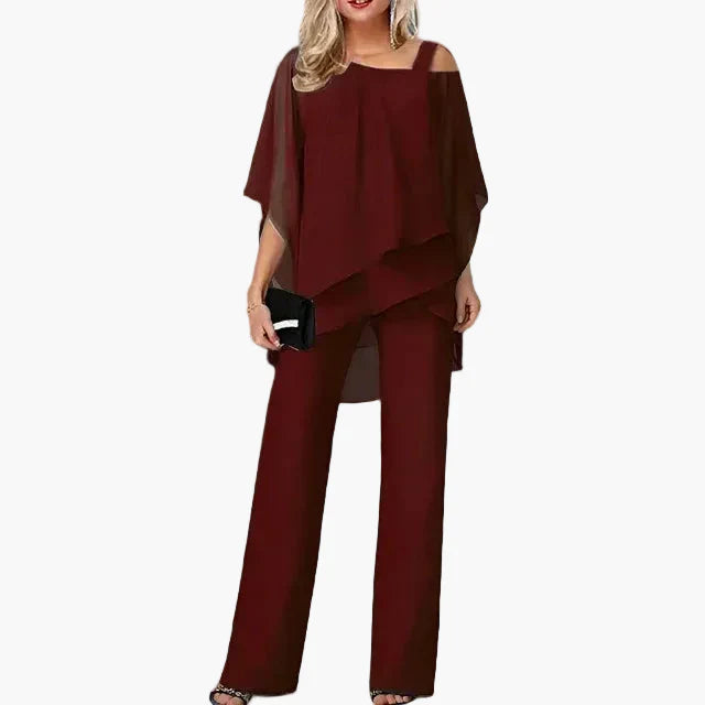 Ensemble Femme Élégant Décontracté Chic – Tenue Deux Pièces Haut Asymétrique et Pantalon Large pour Bureau et Sorties