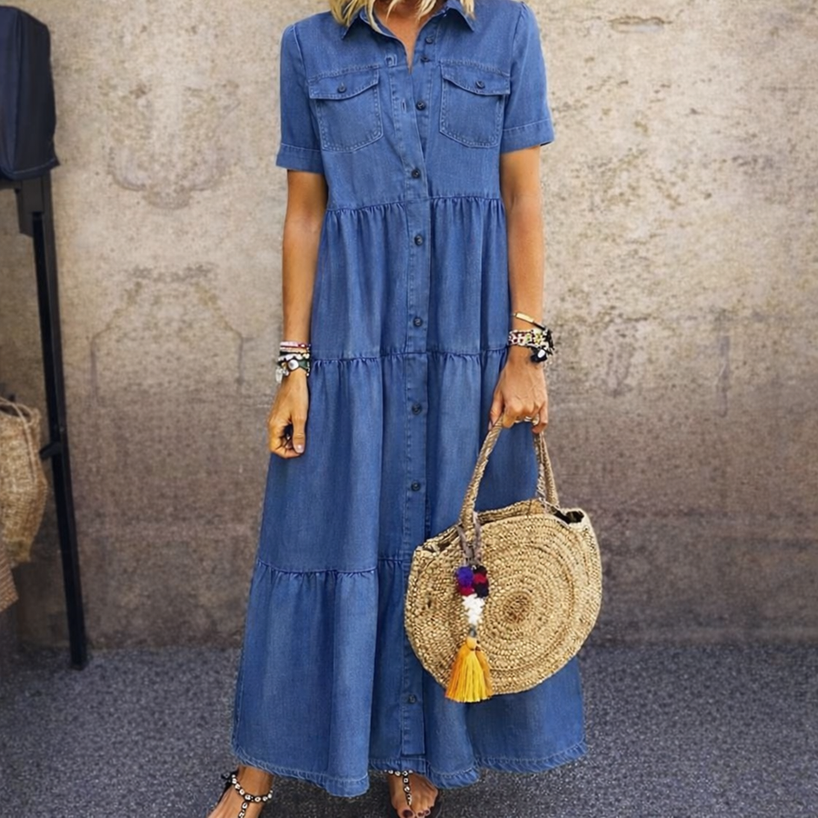 Women's Long Shirt Dress in Denim Style, Short Sleeves, Ruffles, Light Blue