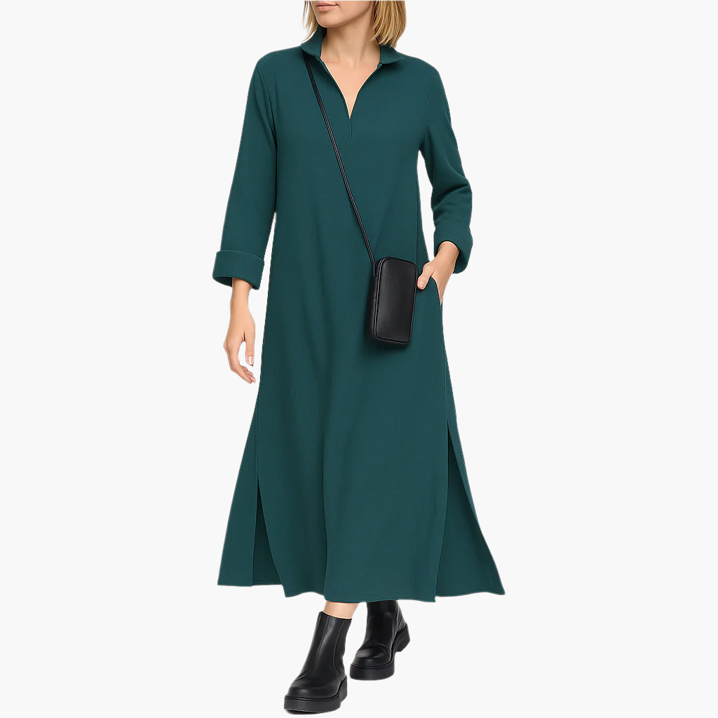 Losvallende lange chique casual jurk voor dames – Veelzijdige stedelijke stijl, lange mouwen, V-hals, handige zakken