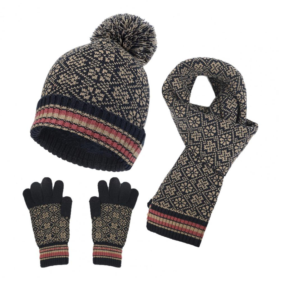 Gebreide set met muts, sjaal en handschoenen, wintermotief met pompon