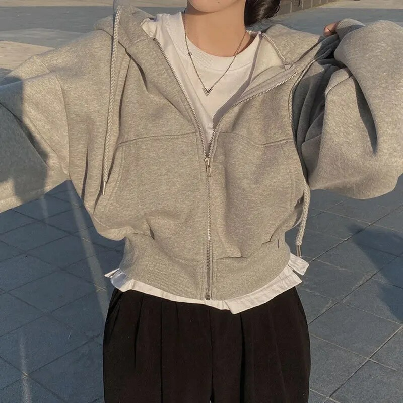 Sweat à Capuche Court Zippé Femme, Manches Larges, Style Décontracté