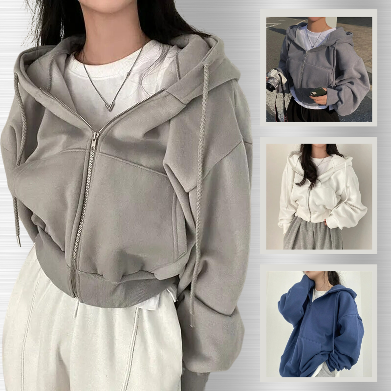 Sweat à Capuche Court Zippé Femme, Manches Larges, Style Décontracté