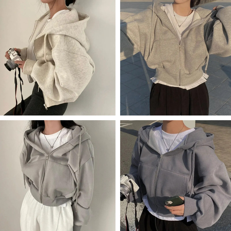 Sweat à Capuche Court Zippé Femme, Manches Larges, Style Décontracté
