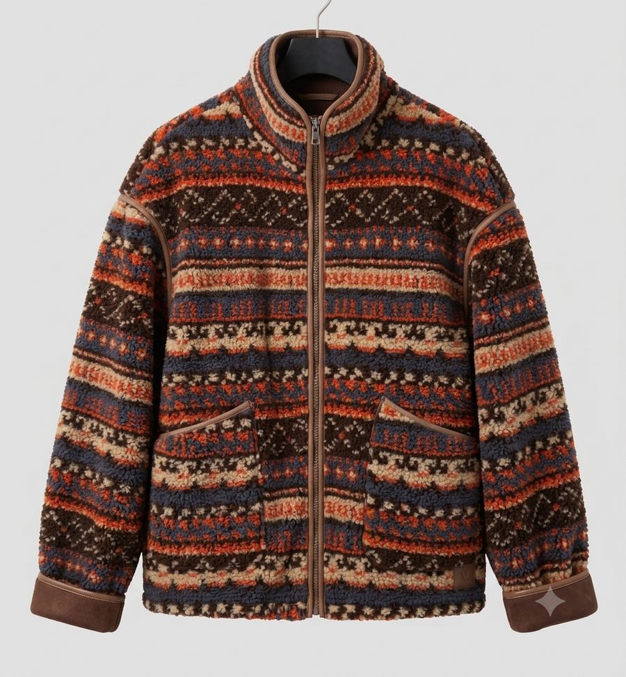 Brown and Orange Ethnic-Pattern Zip-Up Fleece Jacket