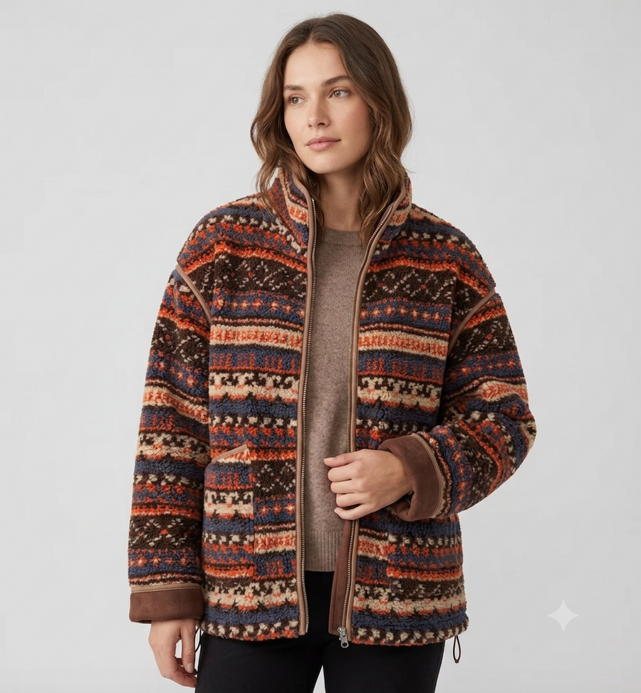 Brown and Orange Ethnic-Pattern Zip-Up Fleece Jacket