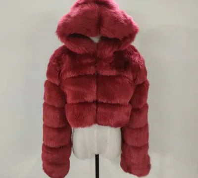 Veste courte à capuche en fausse fourrure douce pour femme