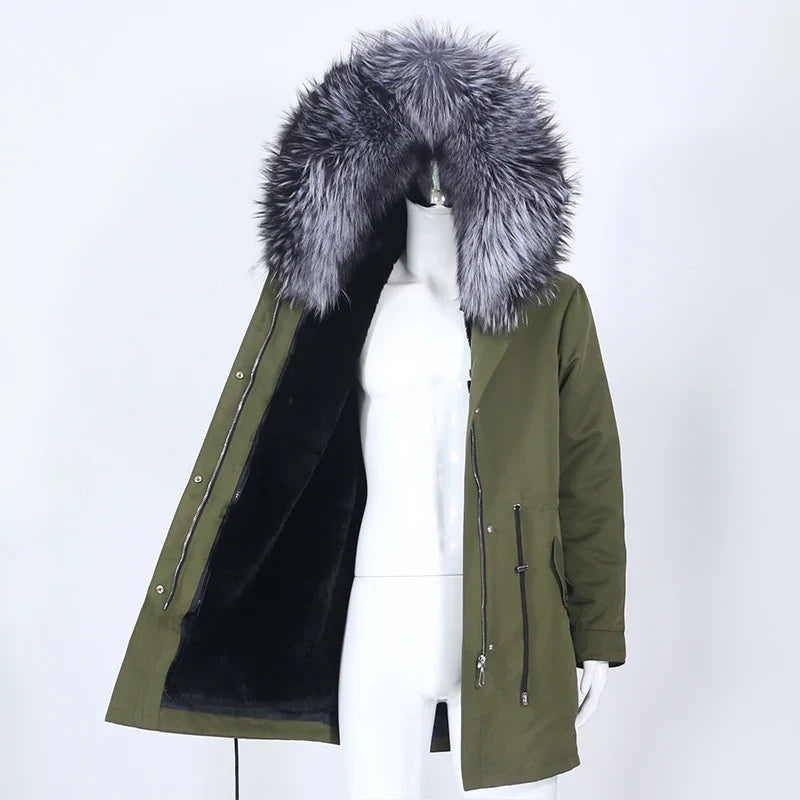 Men's Long Casual Parka with Removable Fur-Lined Hood