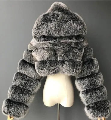Veste courte à capuche en fausse fourrure douce pour femme